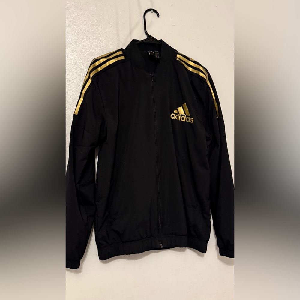 Adidas Men's Windbreaker in Black with Gold Stripes